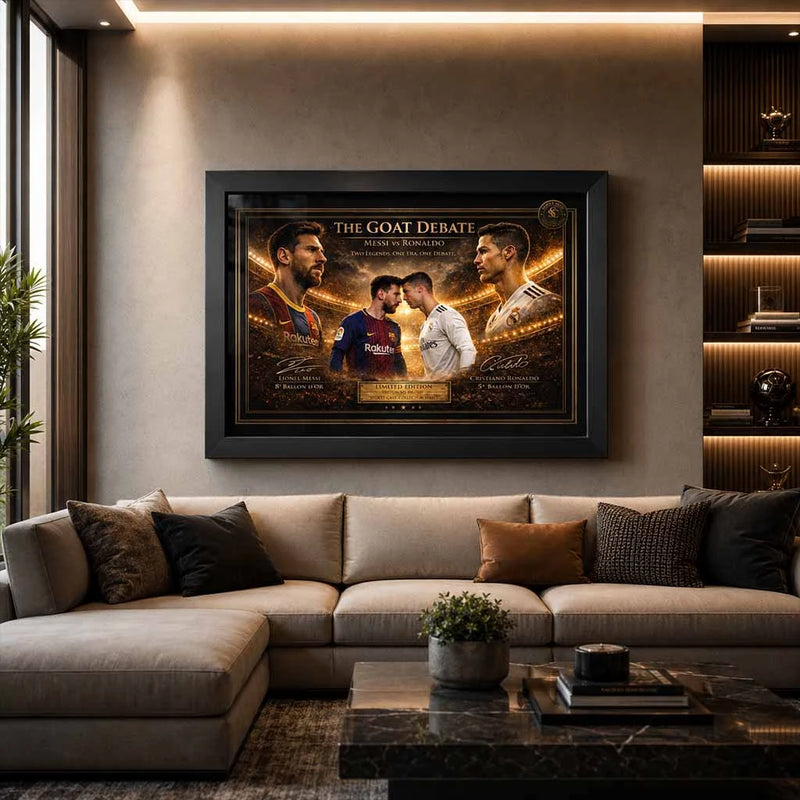 Messi vs Ronaldo framed sports wall art displayed in a luxury modern man cave with warm cinematic lighting.