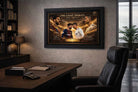 Framed "Messi vs Ronaldo" soccer art displayed in a sophisticated office, highlighting the historic rivalry between Messi and Ronaldo.