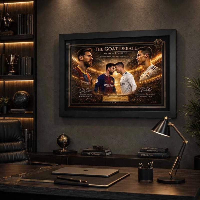 Premium Messi vs Ronaldo sports wall art showcased in a modern office with luxury football décor styling.