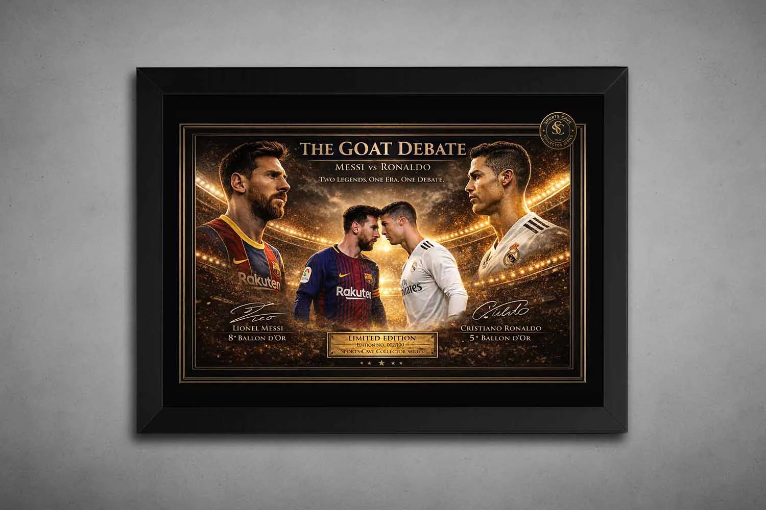 "Messi vs Ronaldo" soccer art in a black frame, depicting the legendary duel between Messi and Ronaldo in a dramatic sports scene.