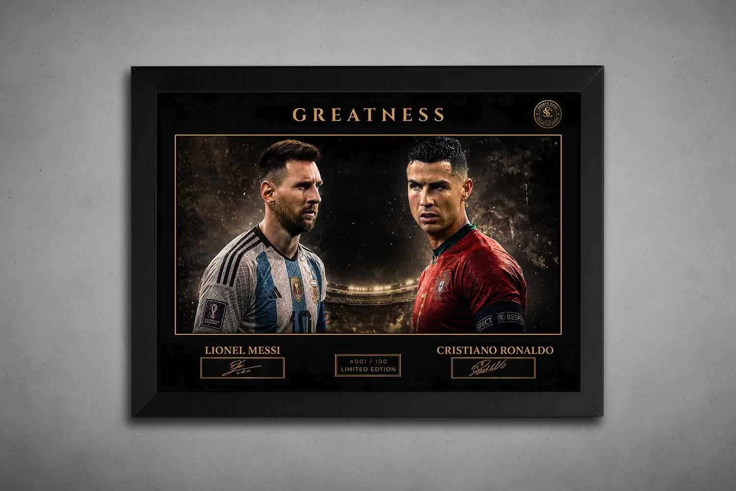 Black framed Messi vs Ronaldo man cave wall décor, dramatic lighting enhances premium soccer artwork