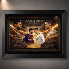 Messi vs Ronaldo sports wall art in a black frame featuring two legendary football icons in one design.