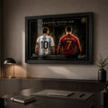 Messi vs Ronaldo framed football wall art styled in a minimalist office for premium sports collectors.