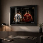 Messi vs Ronaldo framed football wall art styled in a minimalist office for premium sports collectors.