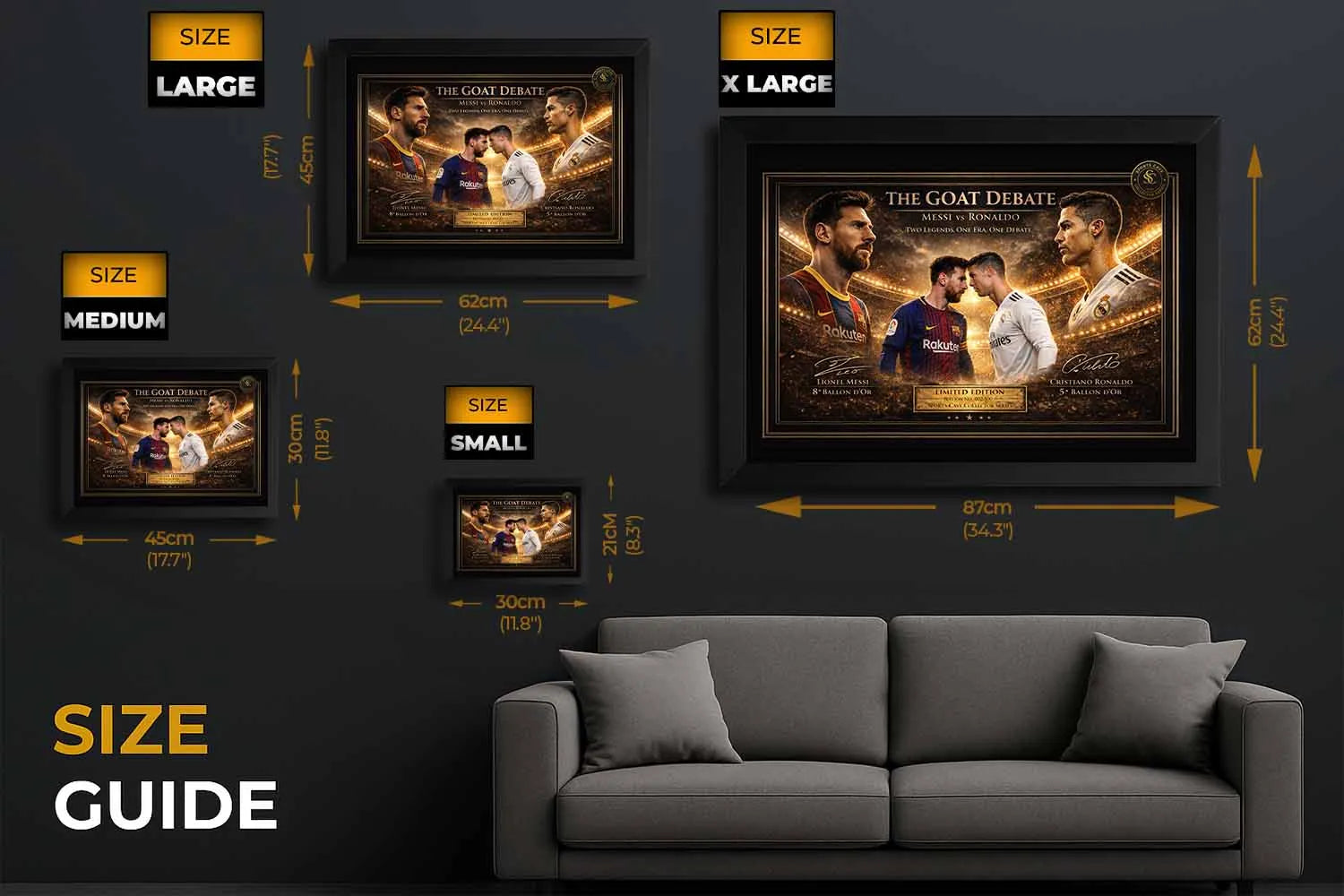 "Messi vs Ronaldo" soccer wall art sizing guide with small, medium, large, and extra-large frame options for a perfect fit in any room.