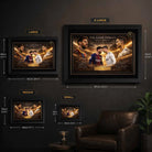 Messi vs Ronaldo framed sports memorabilia size guide displaying small to extra large football wall art sizes.
