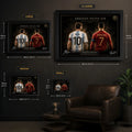 Messi vs Ronaldo framed sports wall art size guide showing small, medium, large and extra large options.