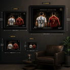 Messi vs Ronaldo framed sports wall art size guide showing small, medium, large and extra large options.