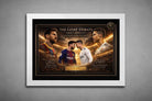 Framed "Messi vs Ronaldo" soccer art in a white frame showcasing the GOAT debate, with Messi and Ronaldo's iconic rivalry.