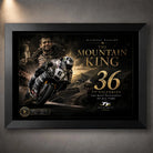 Black framed Michael Dunlop Mountain King motorsport wall art celebrating 36 Isle of Man TT victories.