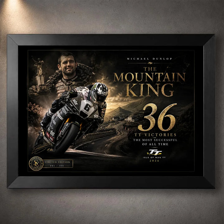 Black framed Michael Dunlop Mountain King motorsport wall art celebrating 36 Isle of Man TT victories.