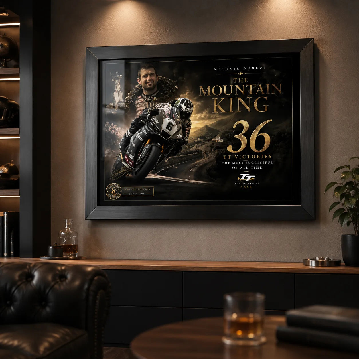 Michael Dunlop motorsport wall art in a dark premium man cave with warm lighting and collector styling.