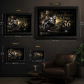 Michael Dunlop Mountain King wall art size guide showing available framed dimensions from small to extra large.