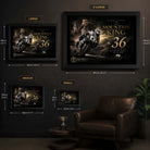 Michael Dunlop Mountain King wall art size guide showing available framed dimensions from small to extra large.