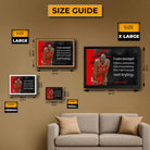 Size chart for framed Michael Jordan wall art print, showing A1 to A4 options for premium sports wall art and man cave décor.