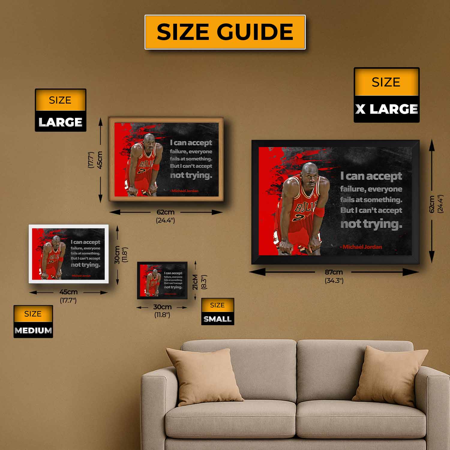 Size chart for framed Michael Jordan wall art print, showing A1 to A4 options for premium sports wall art and man cave décor.
