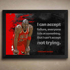 Framed Michael Jordan wall art with motivational quote "I can’t accept not trying" in bold red and grey tones.