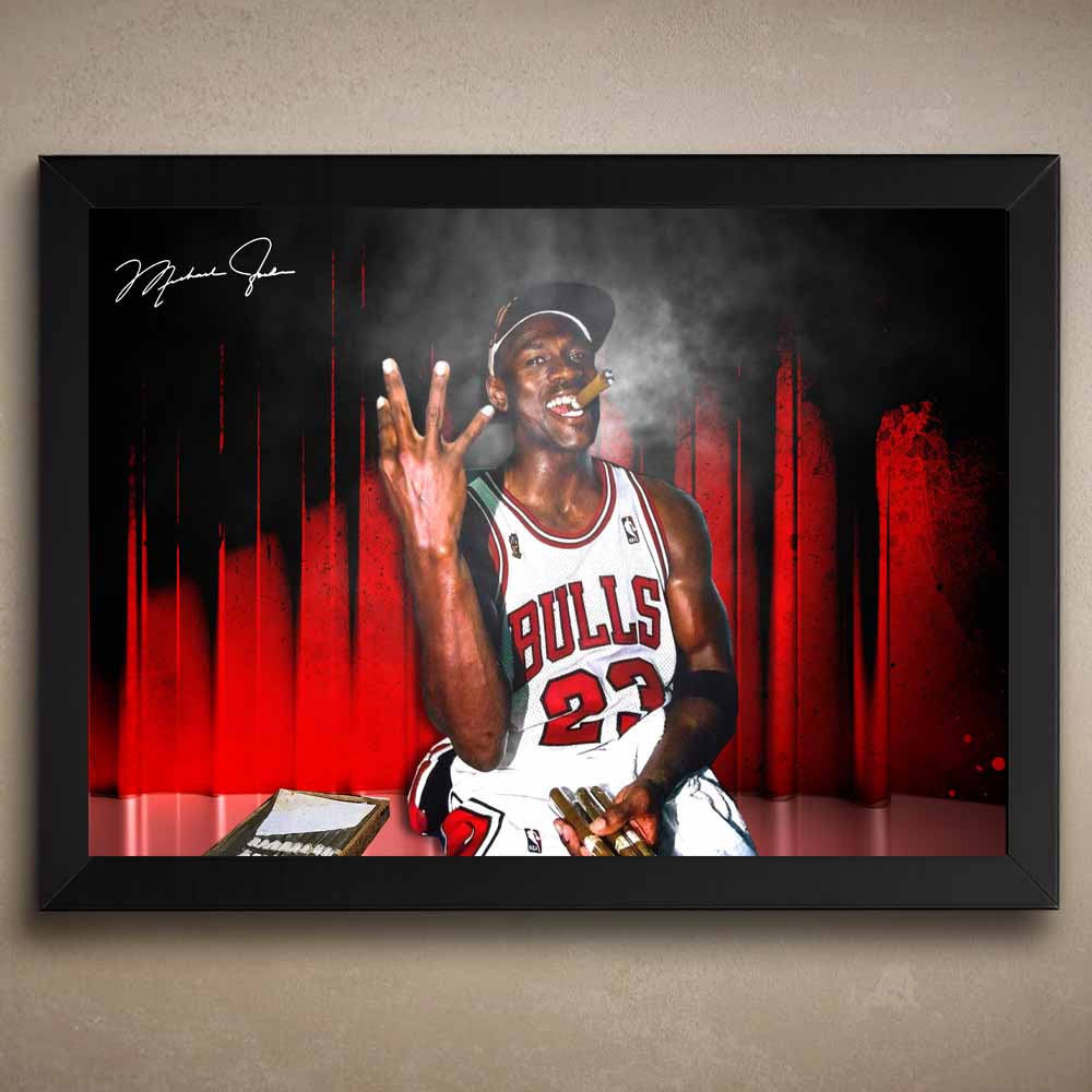 Framed Michael Jordan wall art featuring Jordan celebrating with cigar, six fingers up, Bulls jersey, and championship trophy.