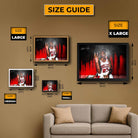 Size guide for wall art prints of Michael Jordan Wall Art on a brown wall with a sofa.