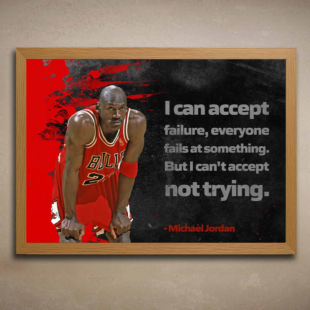 Michael Jordan wall art with oak frame featuring his iconic quote—perfect framed sports memorabilia for man cave wall décor.