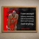 Michael Jordan wall art with oak frame featuring his iconic quote—perfect framed sports memorabilia for man cave wall décor.