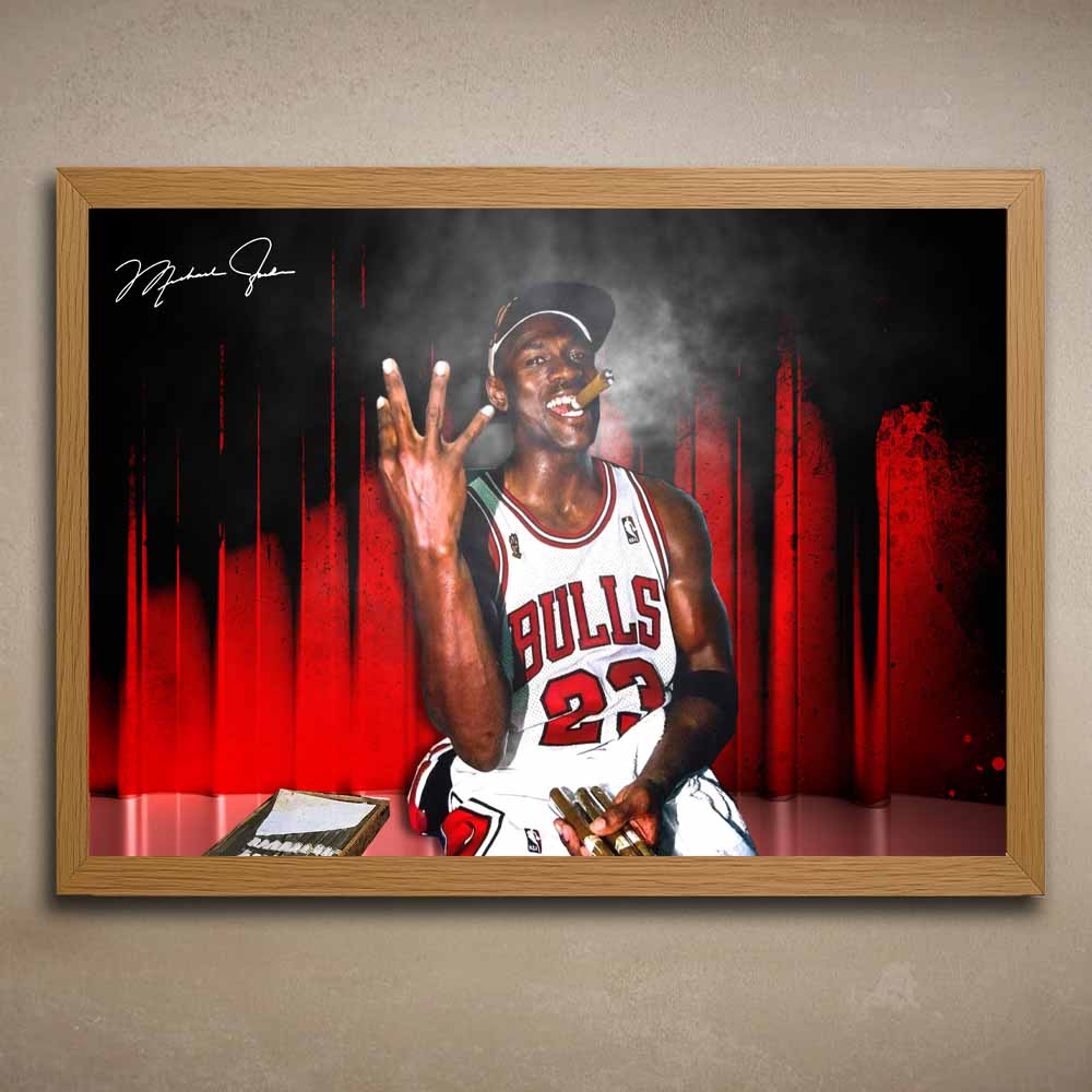 Oak framed NBA art featuring Chicago Bulls legend Michael Jordan smoking a cigar - Artwork by Sports Cave.