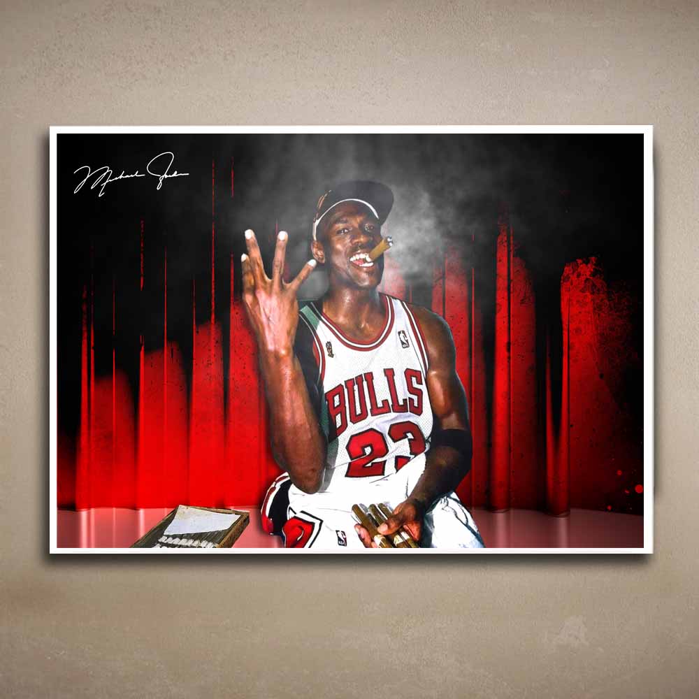 Unique Michael Jordan poster featuring the Chicago Bulls legend smoking a cigar - Artwork by Sports Cave.