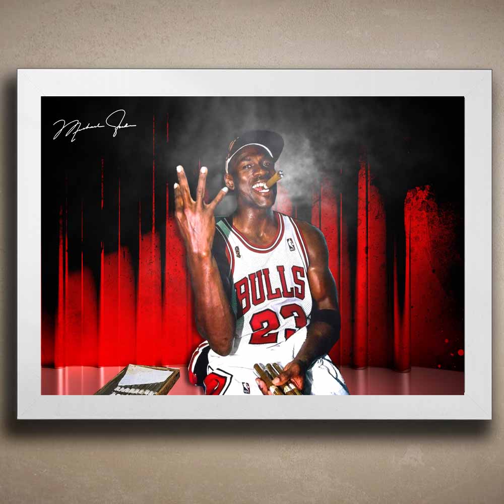 A framed wall art featuring Michael Jordan with a cigar, wearing a Chicago Bulls jersey, making a gesture with six fingers.