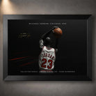 Black framed Michael Jordan wall art showing No. 23 in a dark basketball collector print.