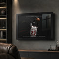 Michael Jordan framed basketball print on a dark man cave wall with shelves and lounge seating.