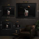 Size guide for Michael Jordan framed basketball wall art showing S, M, L, and XL dimensions.