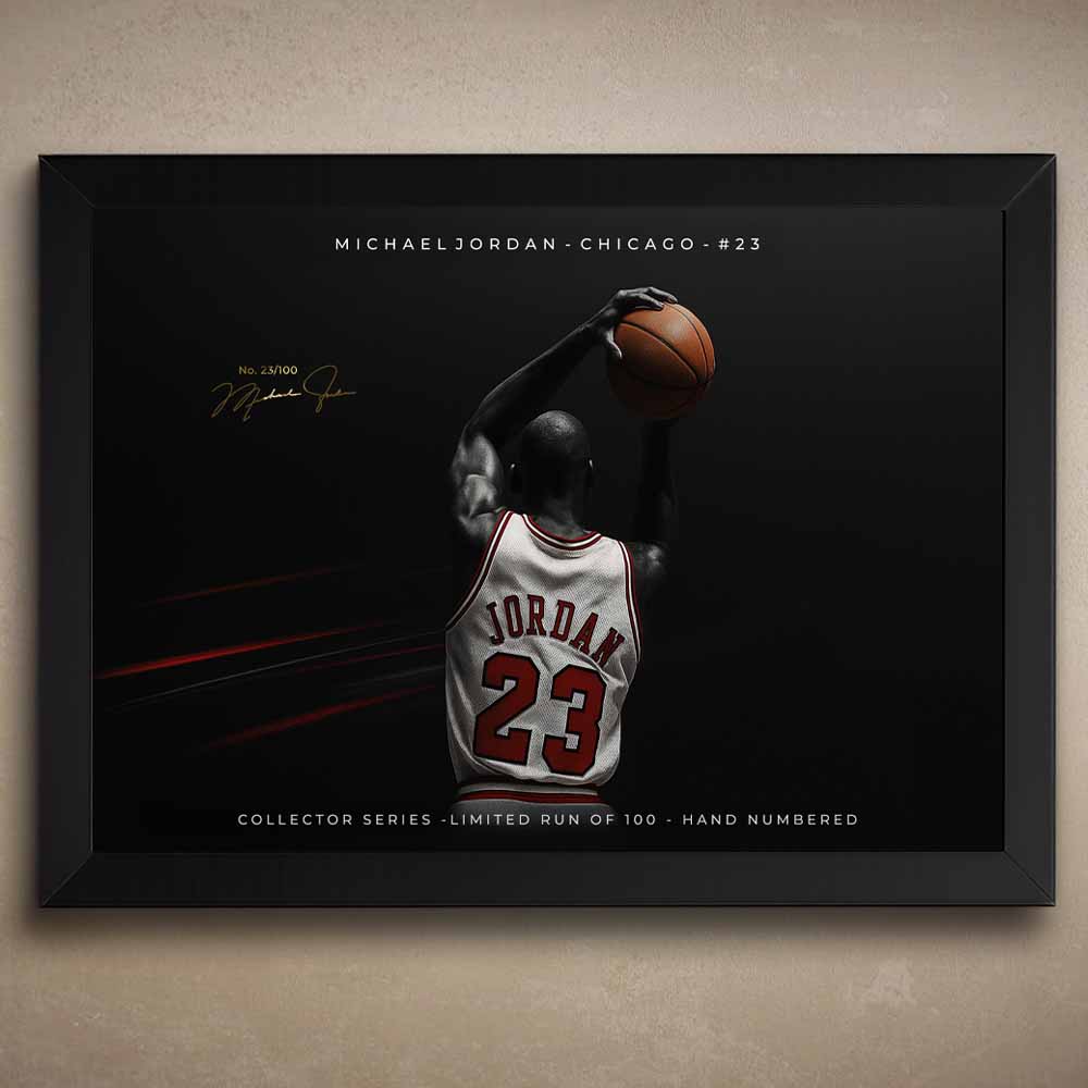 Black framed artwork NBA player Michael Jordan in a Jordan jersey with a dark background.