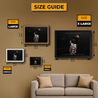 Size guide for Michael Jordan wall art displayed on a wall with a sofa in the foreground.