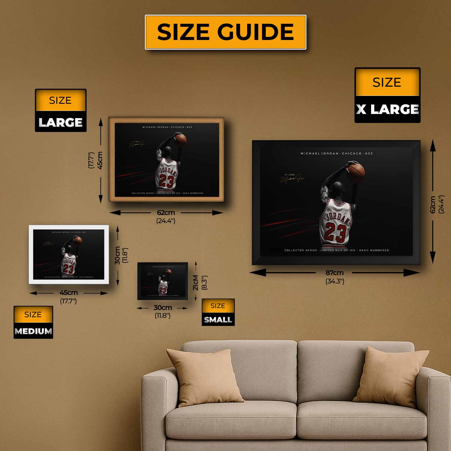 Size guide for Michael Jordan wall art displayed on a wall with a sofa in the foreground.