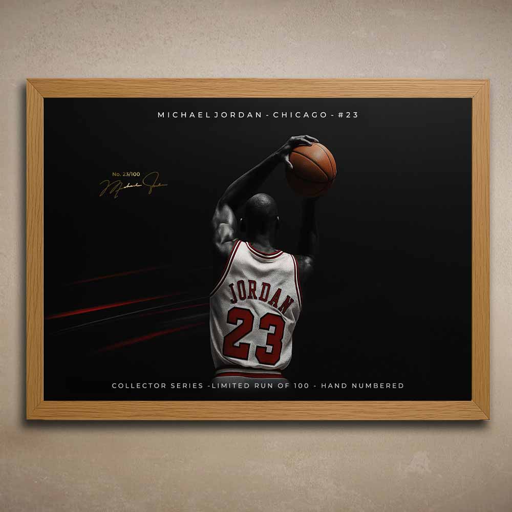 Oak framed artwork of NBA player Michael Jordan in a Chicago jersey with a dark background.