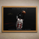 Oak framed artwork of NBA player Michael Jordan in a Chicago jersey with a dark background.