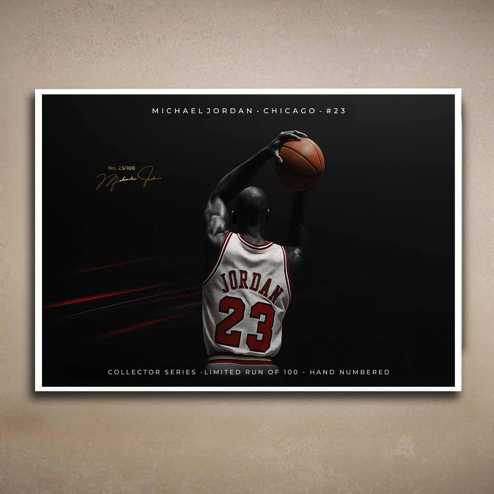 Michael Jordan wall art — limited edition sports print (unframed) with white border, collector piece for modern man cave decor.