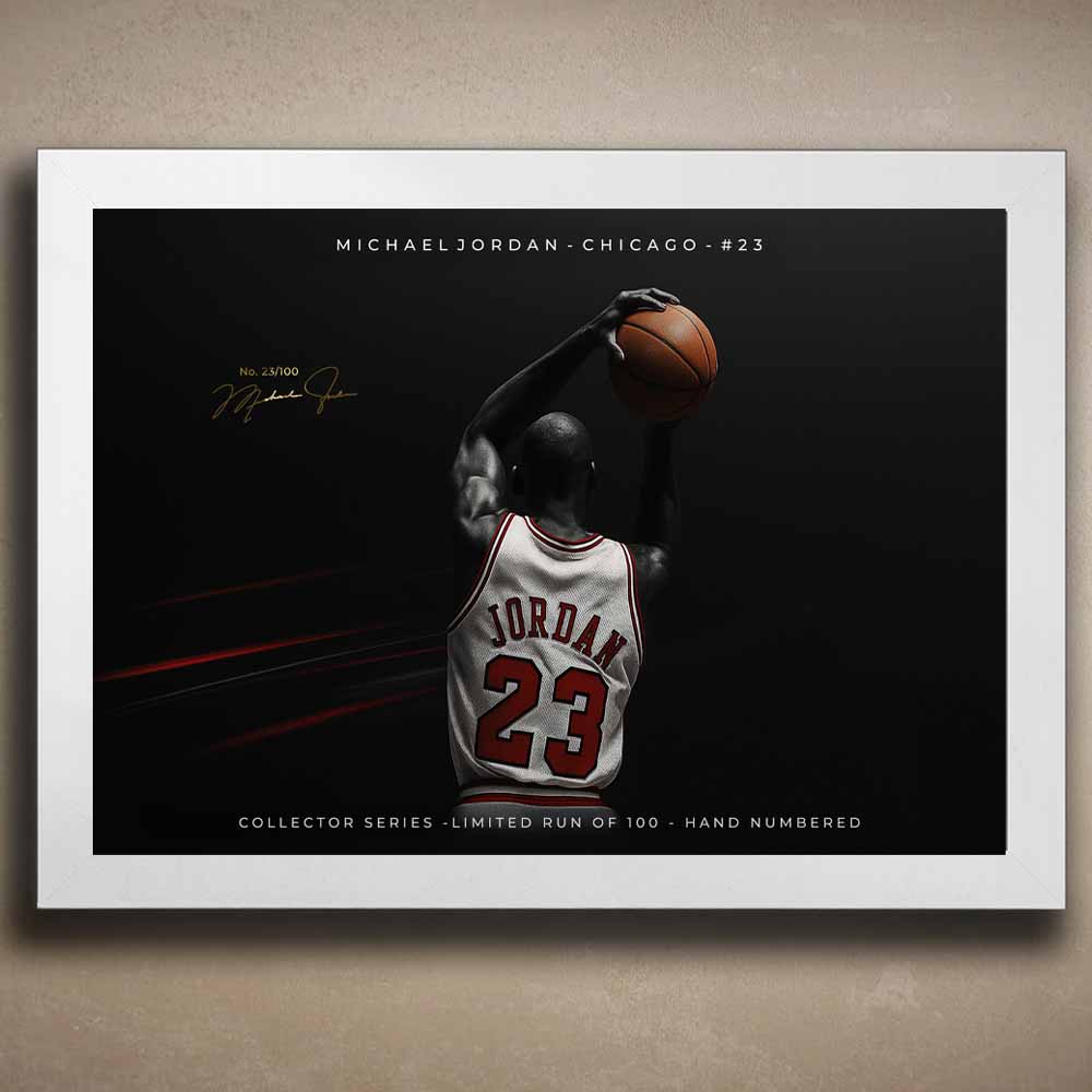 Michael Jordan wall art in white frame — limited edition collector print above a sofa; modern man cave decor.