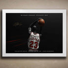 Michael Jordan wall art in white frame — limited edition collector print above a sofa; modern man cave decor.