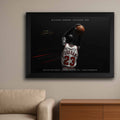 Michael Jordan wall art in black frame — limited edition collector print above a sofa; modern man cave wall decor.