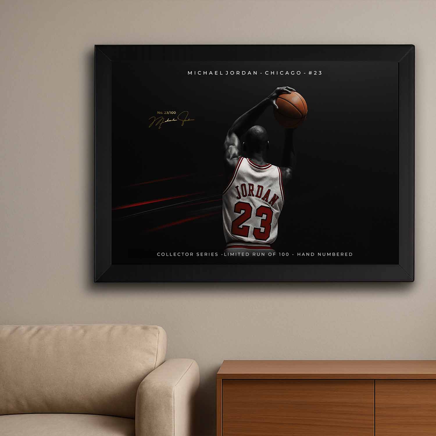 Michael Jordan wall art in black frame — limited edition collector print above a sofa; modern man cave wall decor.
