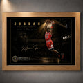 Basketball dunk wall art shown in an oak frame with a dark court scene.