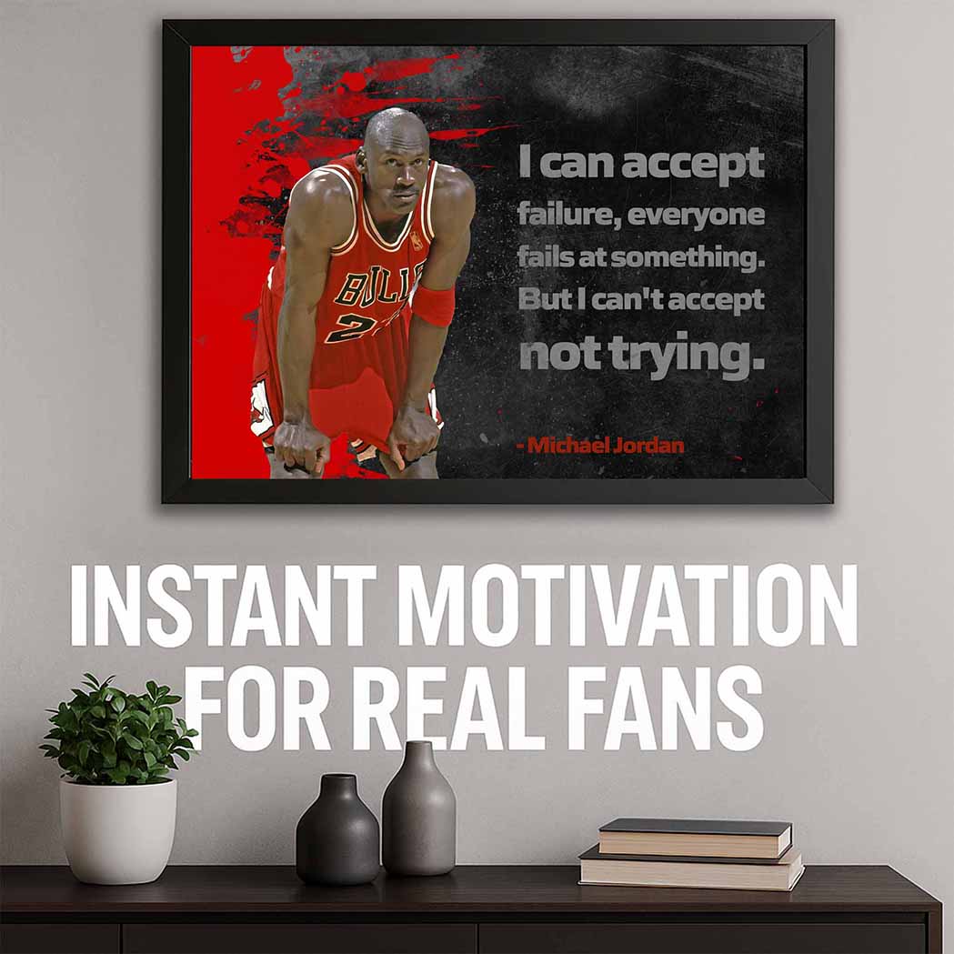 Michael Jordan wall art featuring his iconic quote, styled as framed sports art perfect for man cave décor or basketball fans.