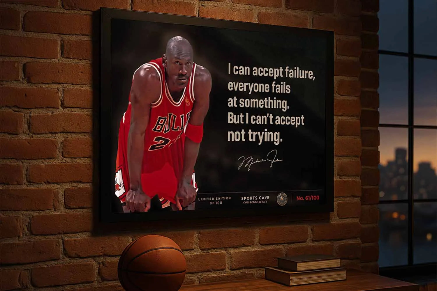 Michael Jordan quote framed sports art on brick wall, atmospheric man cave wall art for serious basketball fans. 