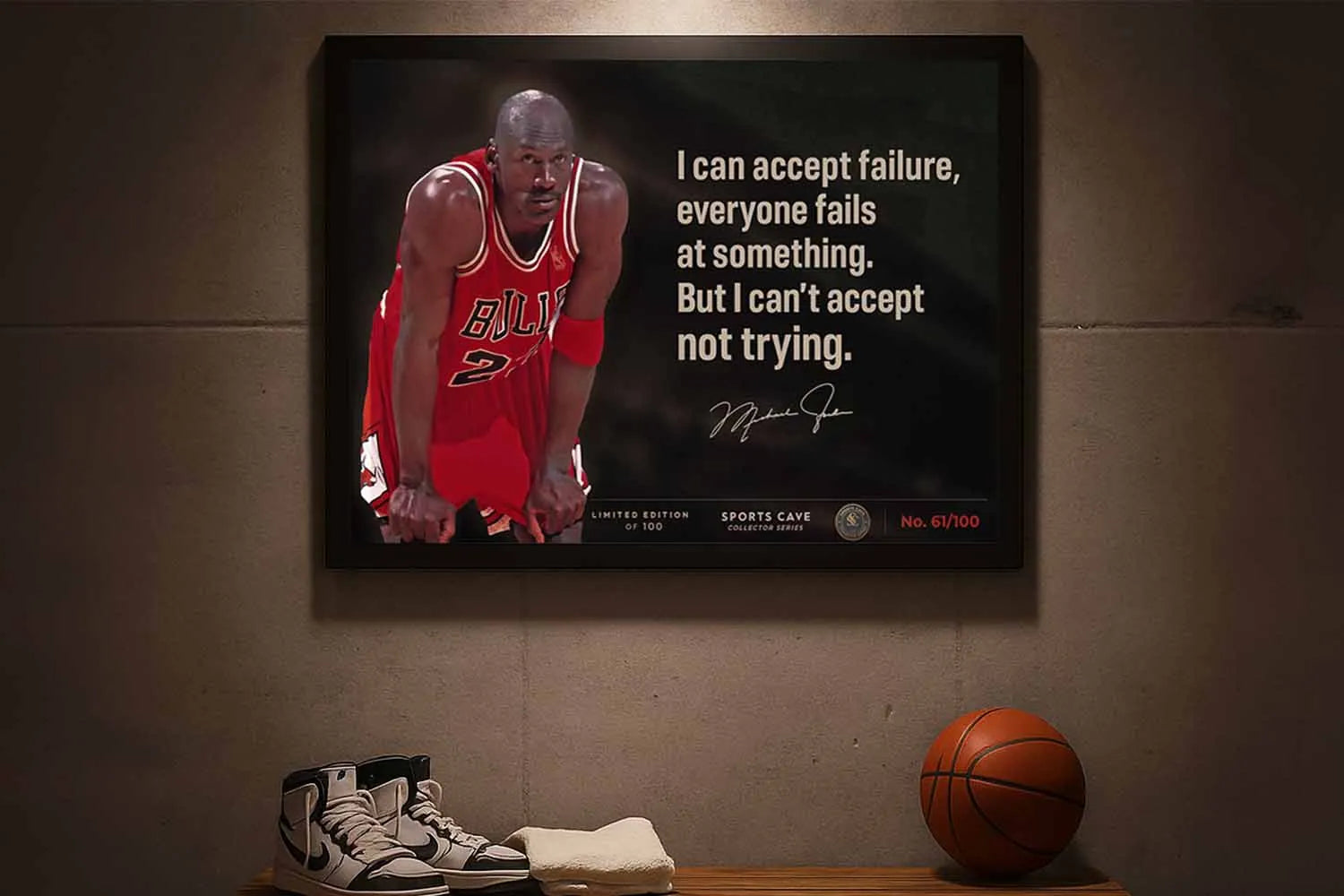Michael Jordan quote framed sports wall art displayed in a basketball locker room scene, premium limited edition man cave decor.