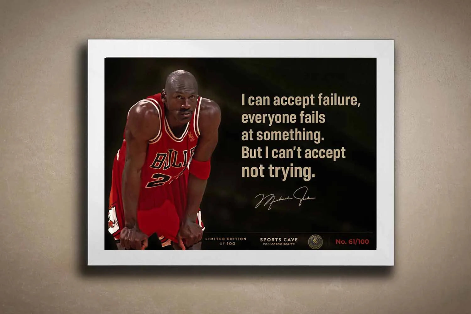 Michael Jordan quote framed sports memorabilia in white frame, minimalist nba wall art for modern home or office.