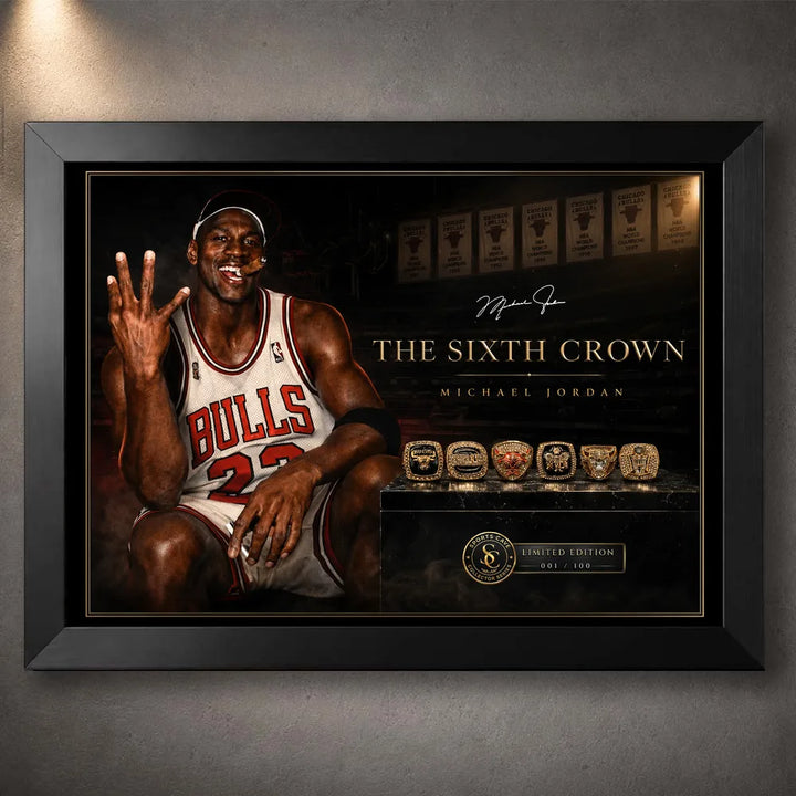 Black framed Michael Jordan basketball wall art featuring The Sixth Crown design with six championship rings.