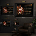 Michael Jordan wall art size guide showing framed Small, Medium, Large and X Large dimensions in centimetres and inches.