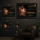 Michael Jordan wall art size guide showing framed Small, Medium, Large and X Large dimensions in centimetres and inches.