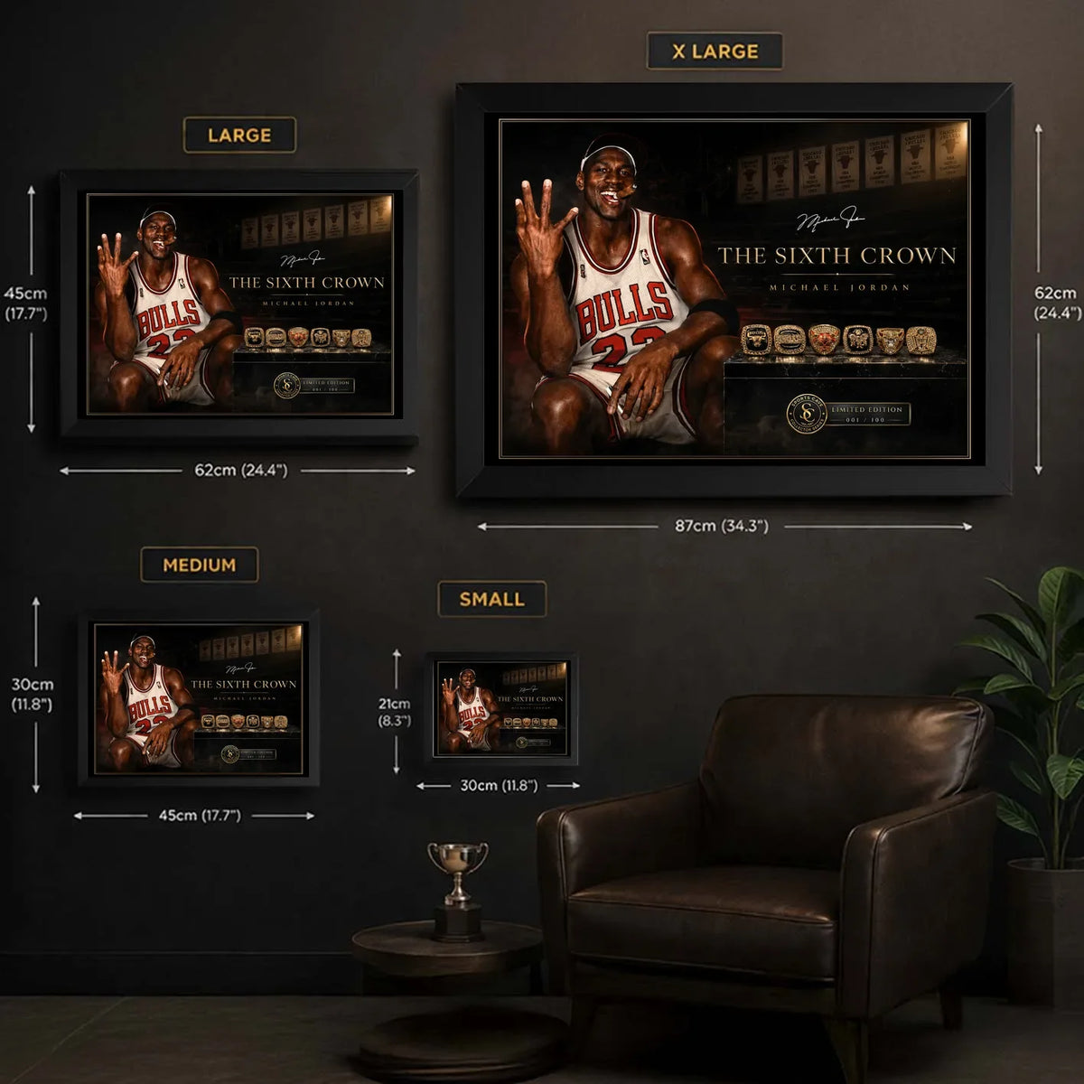 Michael Jordan wall art size guide showing framed Small, Medium, Large and X Large dimensions in centimetres and inches.